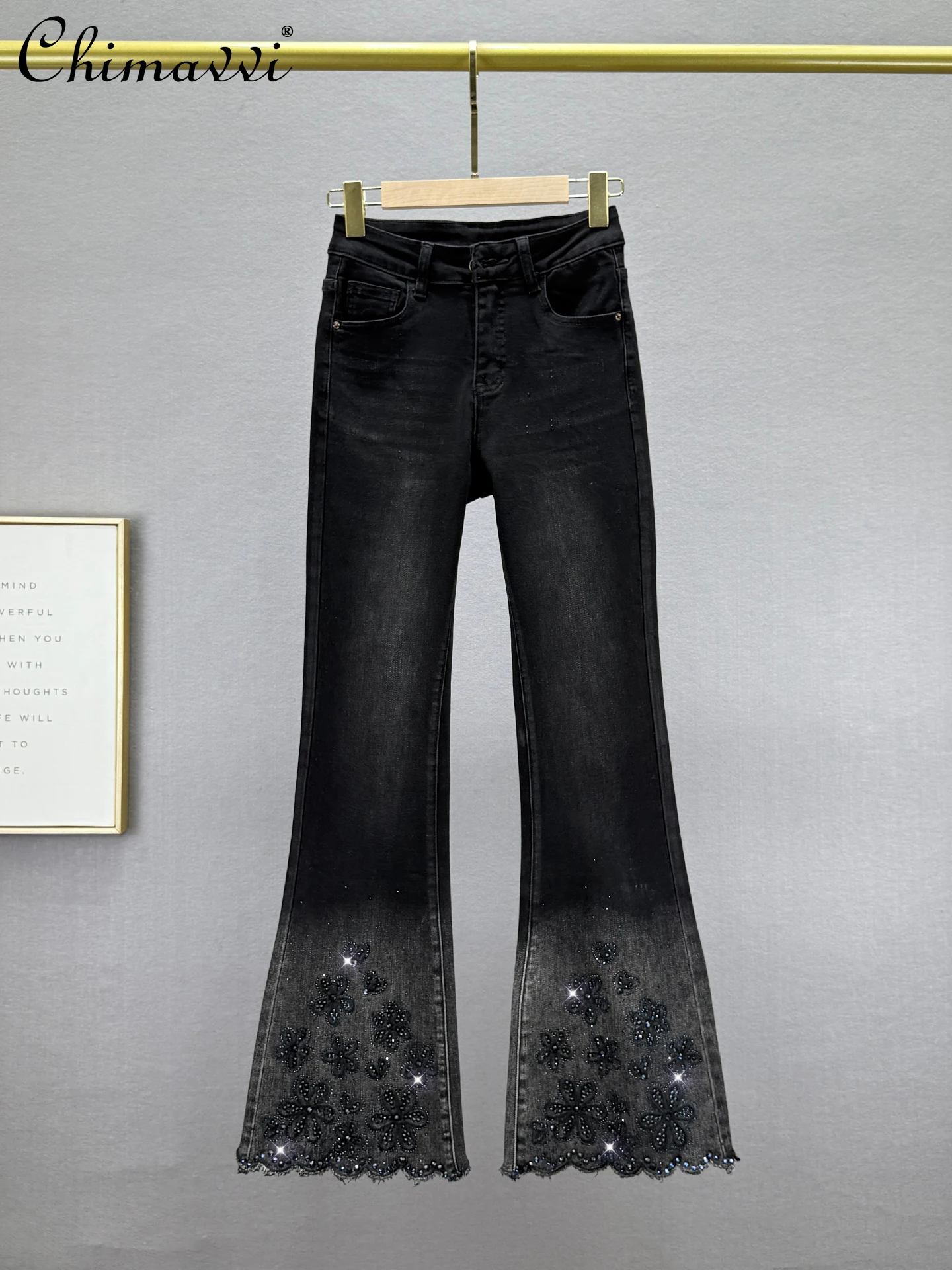 

Flared Jeans for Women 2025 Autumn New Fashion Stretch High Waist Slim Fit European Style Rhinestone Ladies Extended Pants