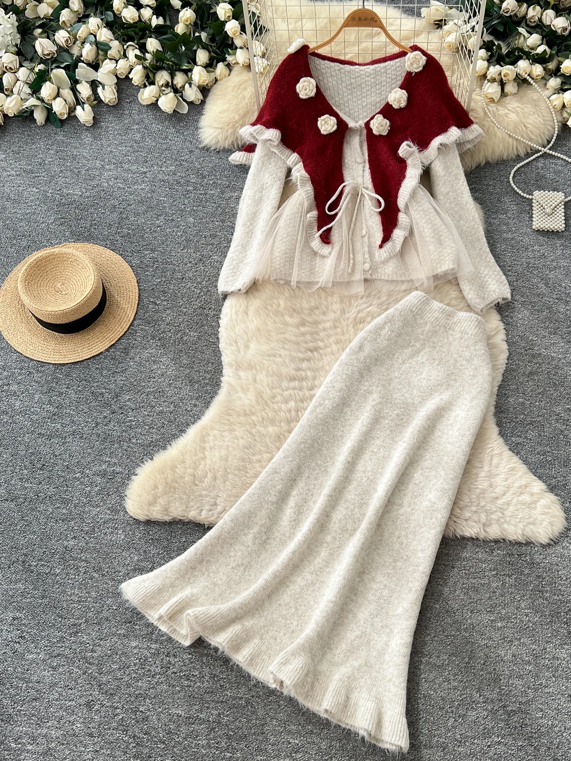 Elegant Lazy Style Knitted Sweater Set Women's High Waist Long Sleeve Doll Collar Two Piece Set Commute Autumn Fashion Set