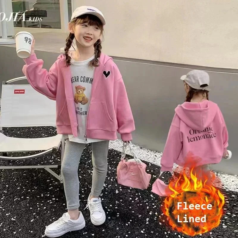 Lovely Winter Girls Fleece Lined Zip Alphabet Sweatshirt Jackets School Kids Warm Track Hoodie Child Work Coat Tops 3-14 Years