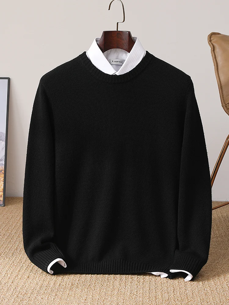 Men's Basic Simple Korean Style 100% Merino Wool Knitwear O-Neck Sweater Tops Soft Warm Casual Loose Chic Comfort Pullovers