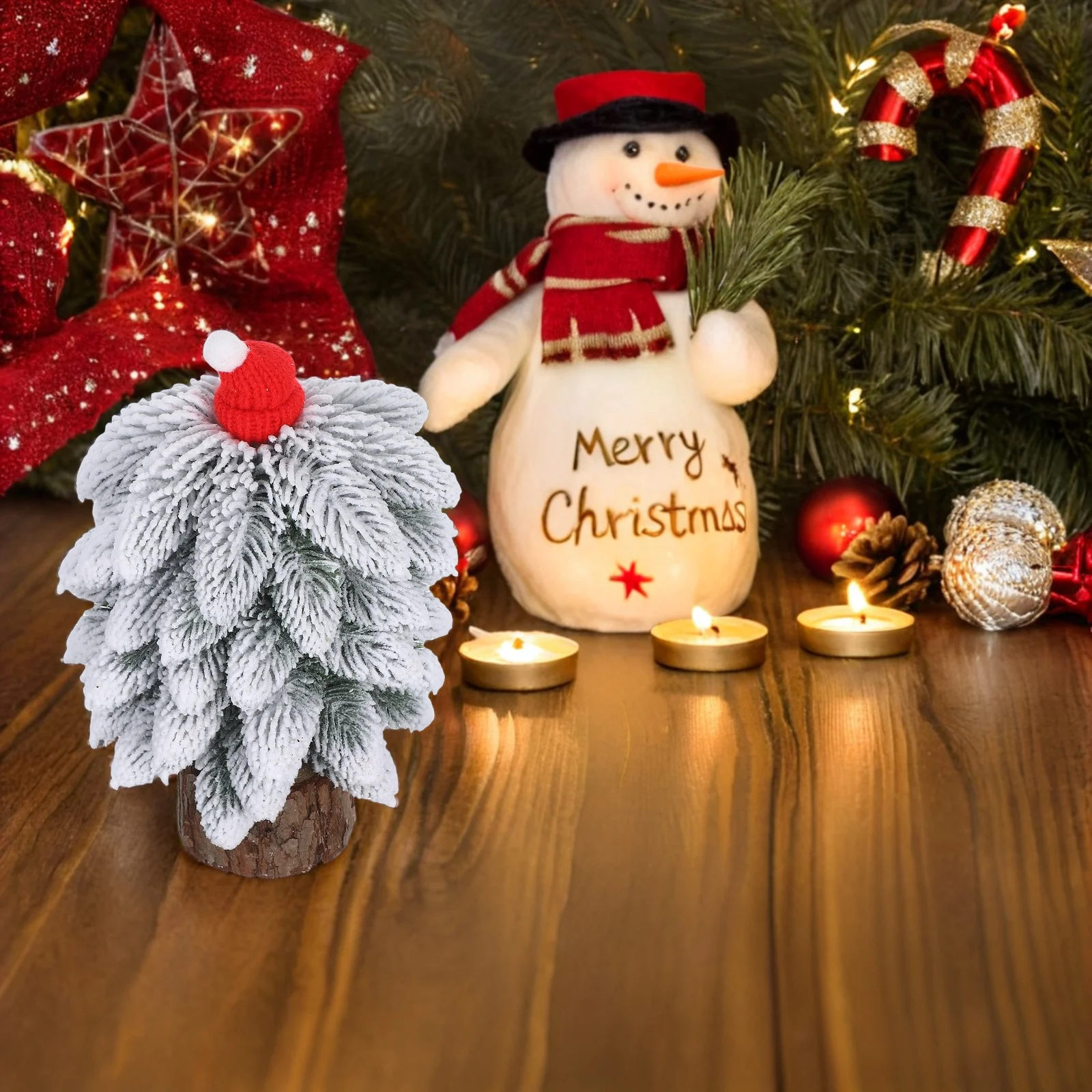 

Mini Christmas Tree 9 Inch Tabletop Artificial Pine Tree Snow Frost Finish Wooden Base Holiday Desktop Decoration