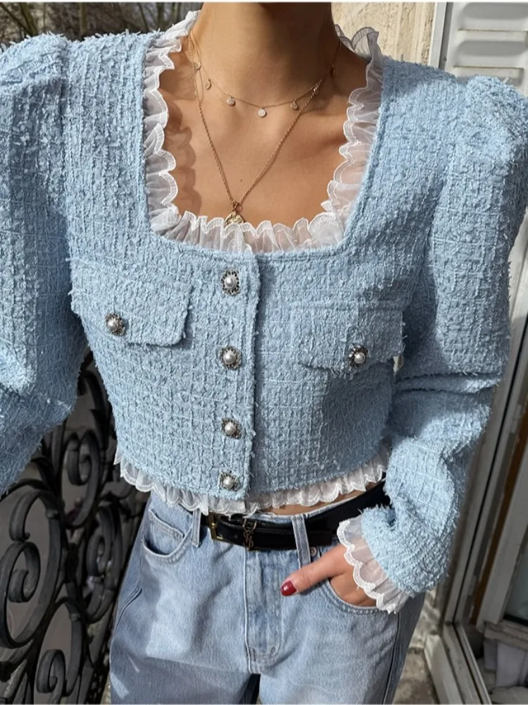 

Ele ort Collarl Lace Trim Patchwork Single Button Women's Outerwear Spring Autumn Faion Commute Sle Mixed Fabric