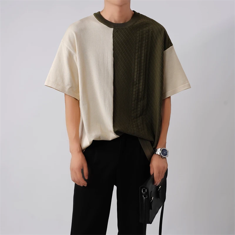Ice Silk Thin Patchwork Apricot Green Summer Loose Short Sleeve Men Fashion Casual Oversized T Shirt Clothes Japanese Streetwear