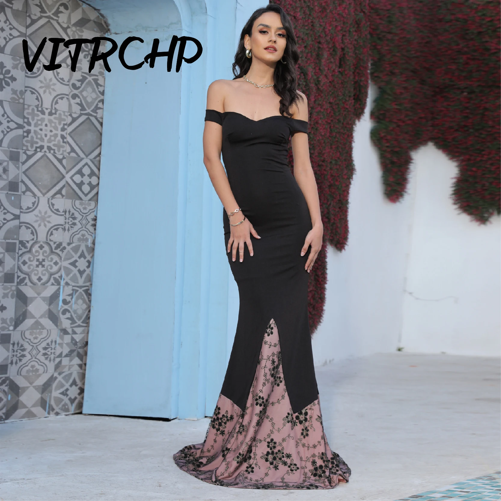 

VITRCHP Black Strapless Cocktail Dresses Off Shoulder Sexy Evening Dresses 2025 New Women Luxury Low-Cut Fishtail Party Dresses