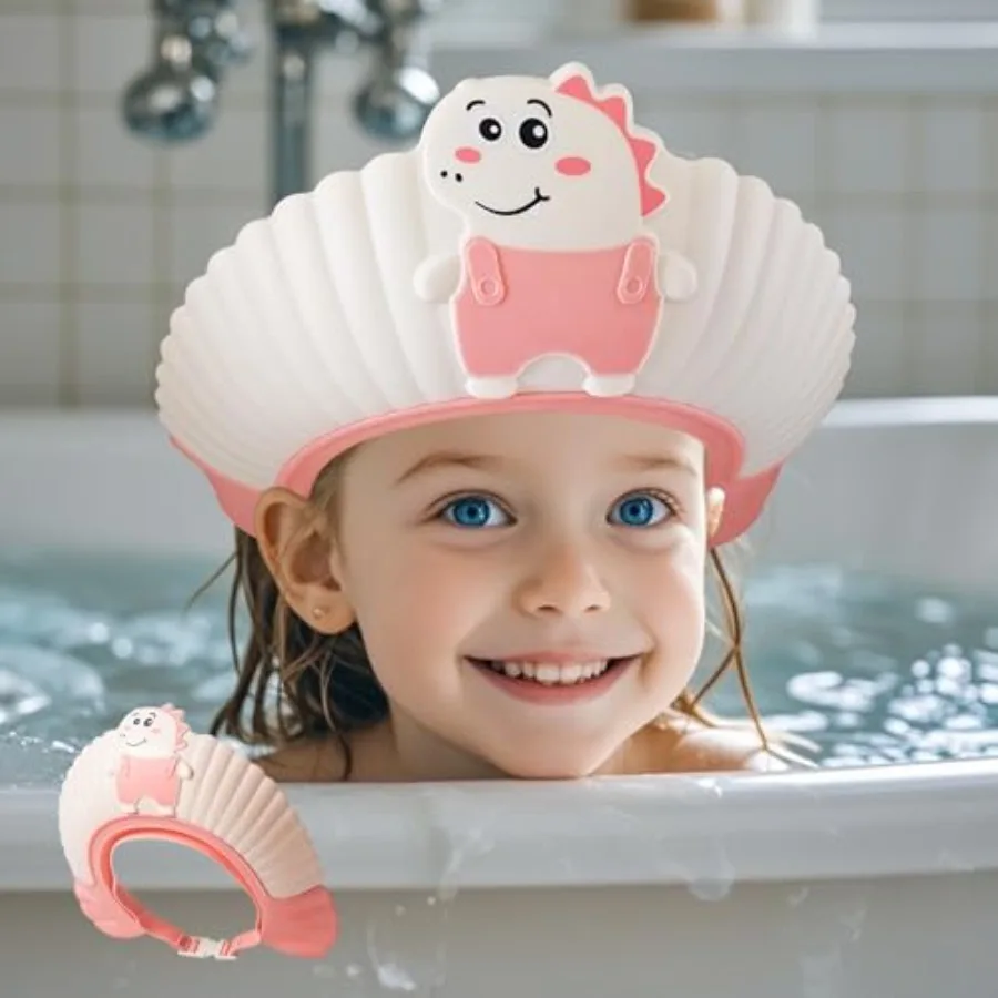 

Baby Shower Cap Shield, Shower Cap for,Visor Hat for Eye and Ear Protection for 0-9 Years Old,Cute Little Dinosaur Shape Makes