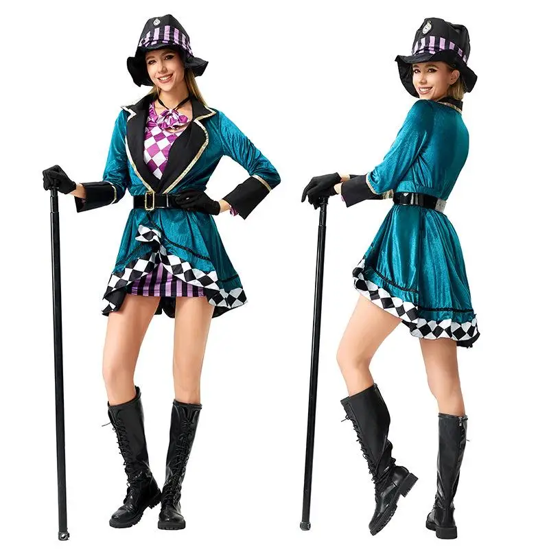 

Adult Alice Mad Hatter Costume Halloween Circus Stage Performance Clown Trainer Nightclub Magic Show Outfit Women's Tradition...