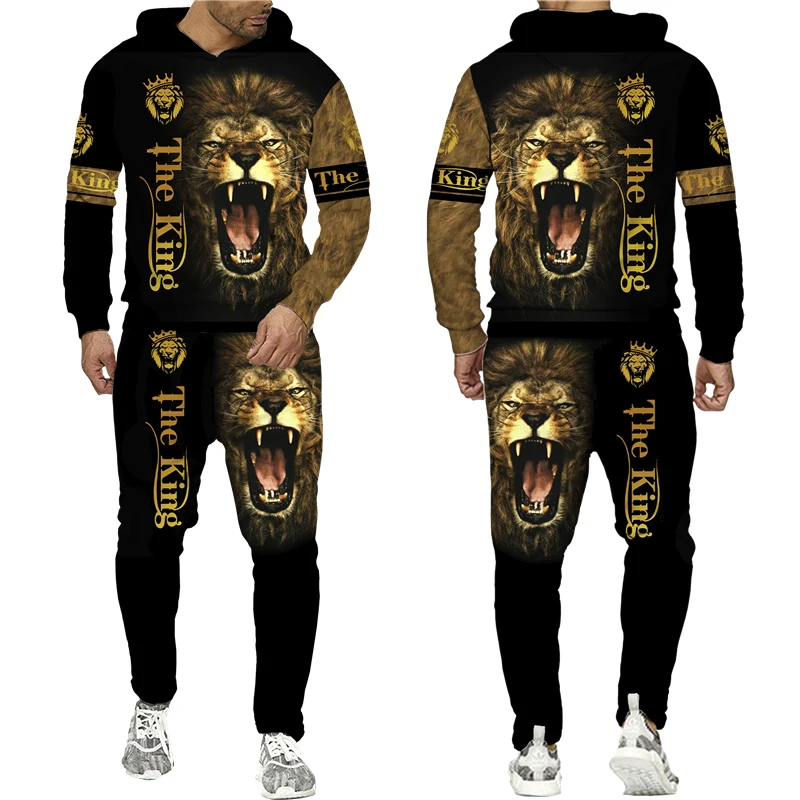 Autumn and Winter Men's 2-piece Lion King 3D Printed Hoodie + Pants Suit Fashion Couple Hoodie Sportswear Suit Men Clothing