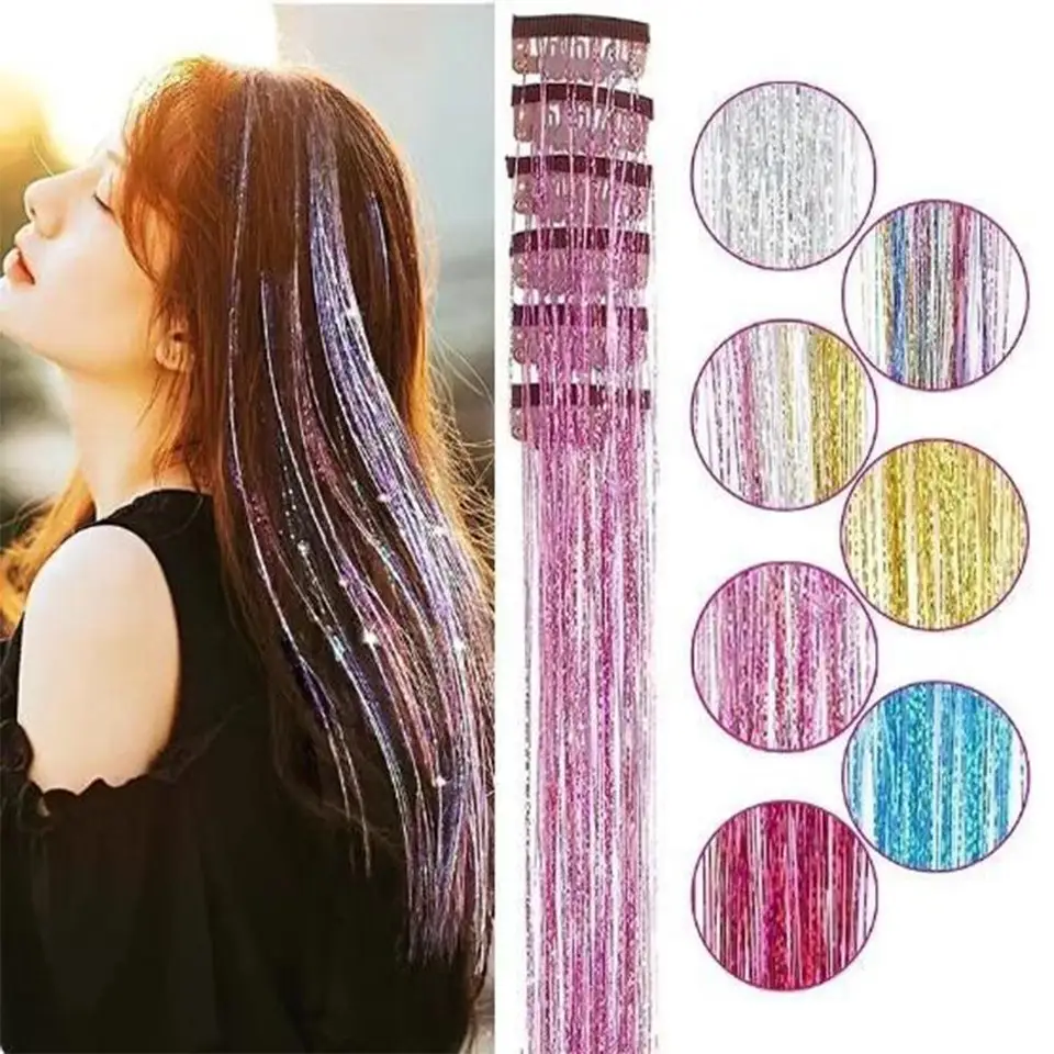 12 piezas tinsel de cabello con clip brillantina extensiones sintéticas para festivales fiestas accesorios 2