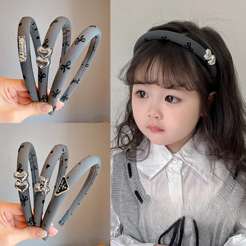 

2024 New Children Classic Silver Bear Ornament Headband Headwears Girls Dark Gray Soft Hair Hoop Headbands Kids Hair Accessories