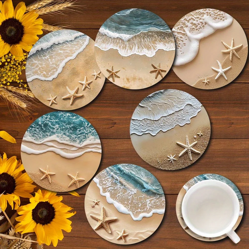 6 posavasos de madera con diseño de estrella de playa ondulada 2D, adecuados para bebidas, café y té, ideales para el hogar, bar y restaurante.