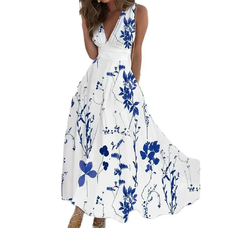 

Sexy Elegant Floral Print Deep V Neck High Waist Dresses Women Sleeveless Large Hem Long Gown Female Summer Street Casual Dress