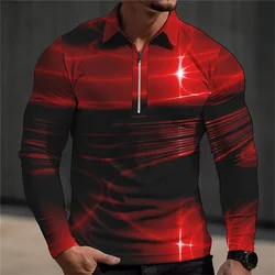 Rampa gradiente masculina abstrata polo de golfe impressão 3D, casual streetwear diário, poliéster terry, manga comprida, turndown