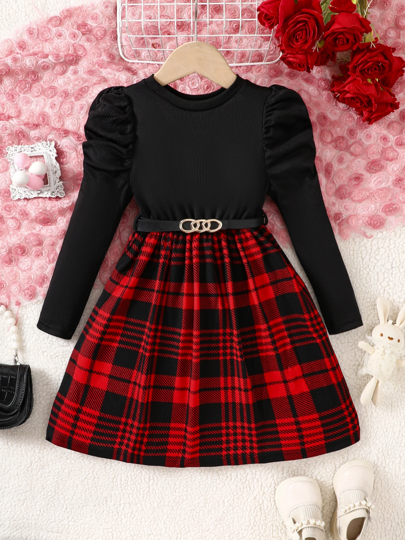 Girls' Casual Fashion Knitted Round Neck Long Sleeve Puff Sleeve Plaid Dress Party Gathering Gift with Belt