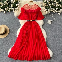 French Patchwork Three-dimensional Flower Sweet Mesh Spliced Chiffon Dress Women Summer Waist Cinching Pleated Chiffon Dresses