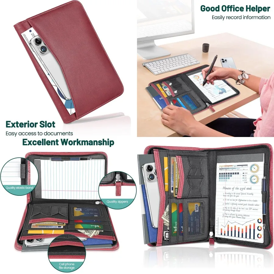 Portafoglio aziendale da donna in pelle rossa con cerniera con blocco note da 5,3 x 8 pollici e organizer compatto per appunti per lavoro o sch