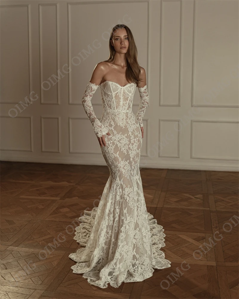 OIMG Beach Full Lace Wedding Dresses For Bride Removable Long Sleeve Slim Mermaid Wedding Gowns Princess Bridal Gowns Customized