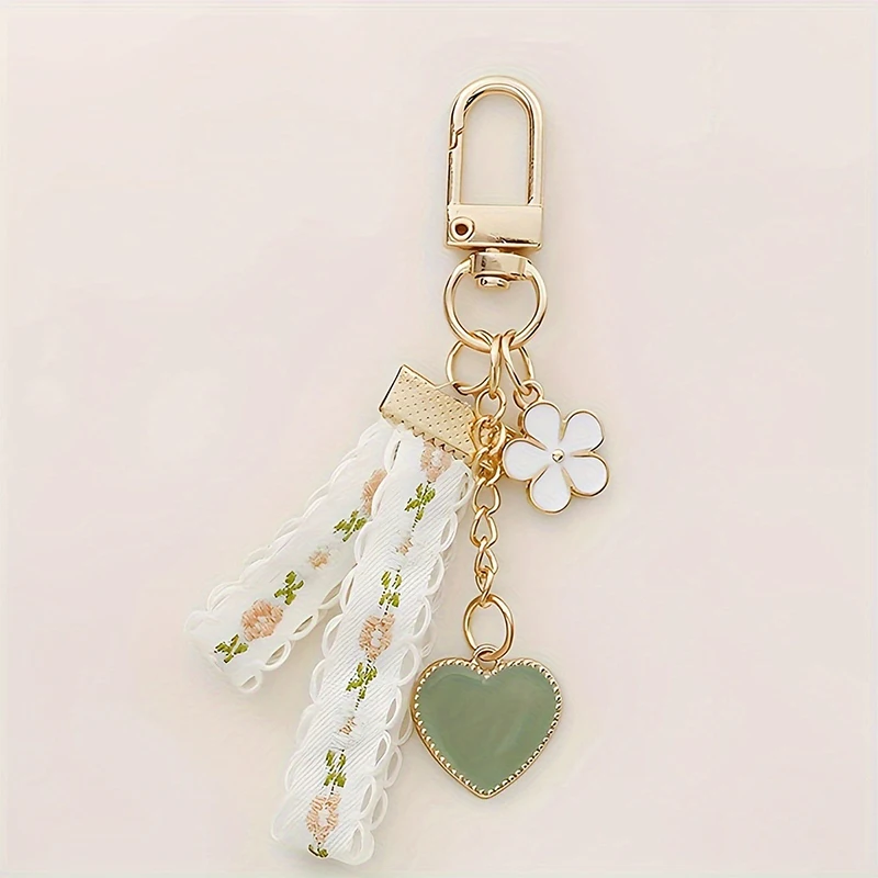 Cute And Fresh Daisy Green Love Keychain Lace Ribbon Phone Chain Airpods Pendant Car Key Decoration Pendant, Exquisite Gift