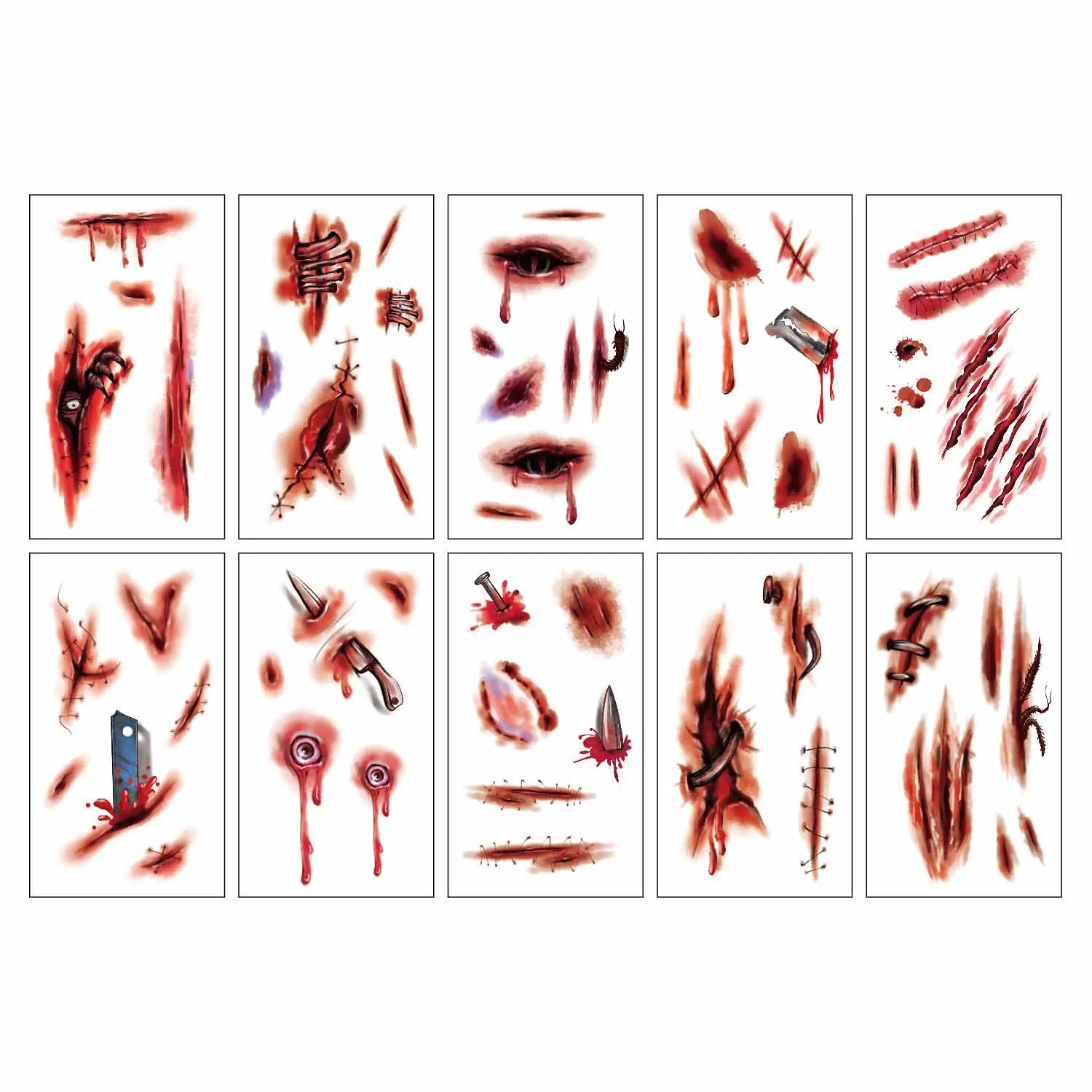 10Pcs Temporary Tattoo Stickers, Halloween Fake Scar Series, Waterproof Temporary Tattoos, Easy to Use, Perfect for Party Pranks