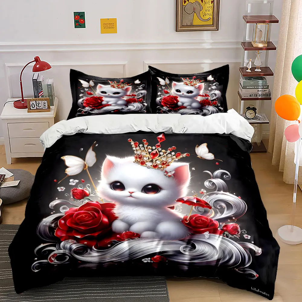 

"Elegant Floral Cat Set Display" kid's and adults' bedroom decor, Exquisite three-piece bedding set gift