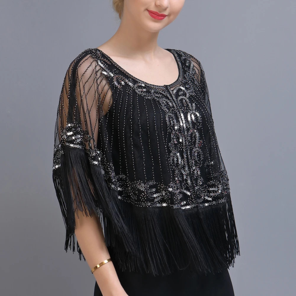 1920s Shawl Wraps Embellished Beaded Sequin Fringe Evening Cape Sheer Mesh Bridal Shawl Cover Up for Wedding Party Black Blue