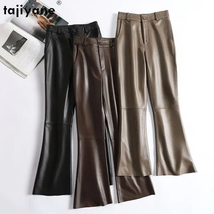 

Tajiyane New Genuine Leather Pants Women Clothing Korean Fashion Micro Flared Pants High Waist Pants Trousers Pantalones SGG1176