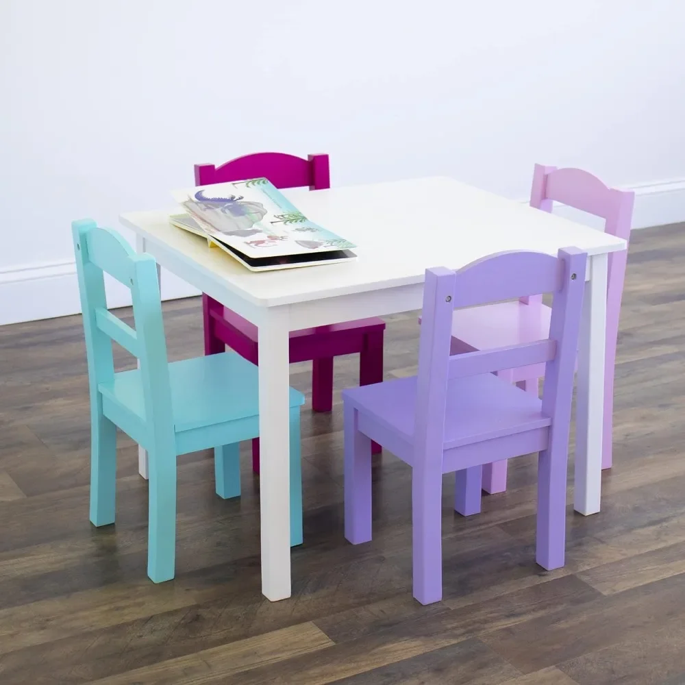 Juego de mesa y silla de madera para niños, 4 sillas incluidas, Ideal para Artes y manualidades, tiempo de aperitivos, decoración en casa, blanco,