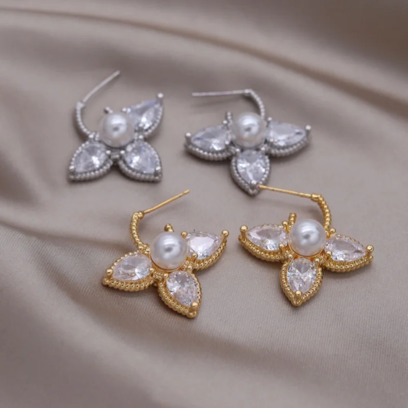 French new design fashion jewelry 16K gold plated luxury water drop zircon leaf pearl earrings elegant women\'s party accessories