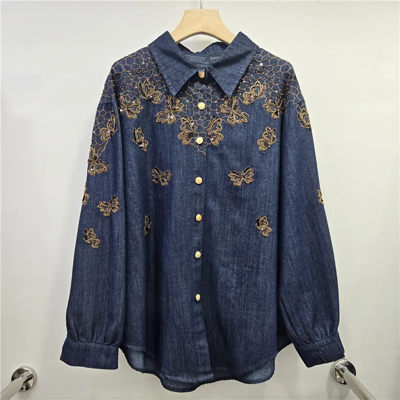 ANJY Wiosna Jesień Nowa Damska Modna Koszula Jeansowa Y2K z Grubym Haftem, Rozkloszowany Krój, Luźna, Casualowa, Elegancka, Retro Kurtka A17561