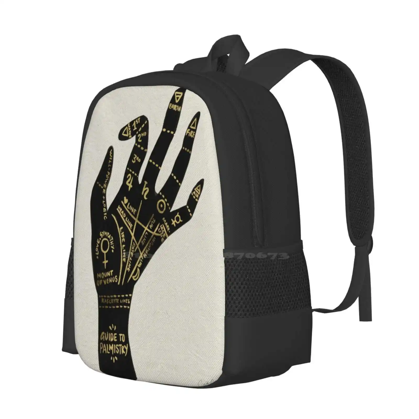 Palmistry Hot Sale Backpack Fashion Bags Palmistry Palm Reading Hand Occult Typography Gold Black And White Chiromancy