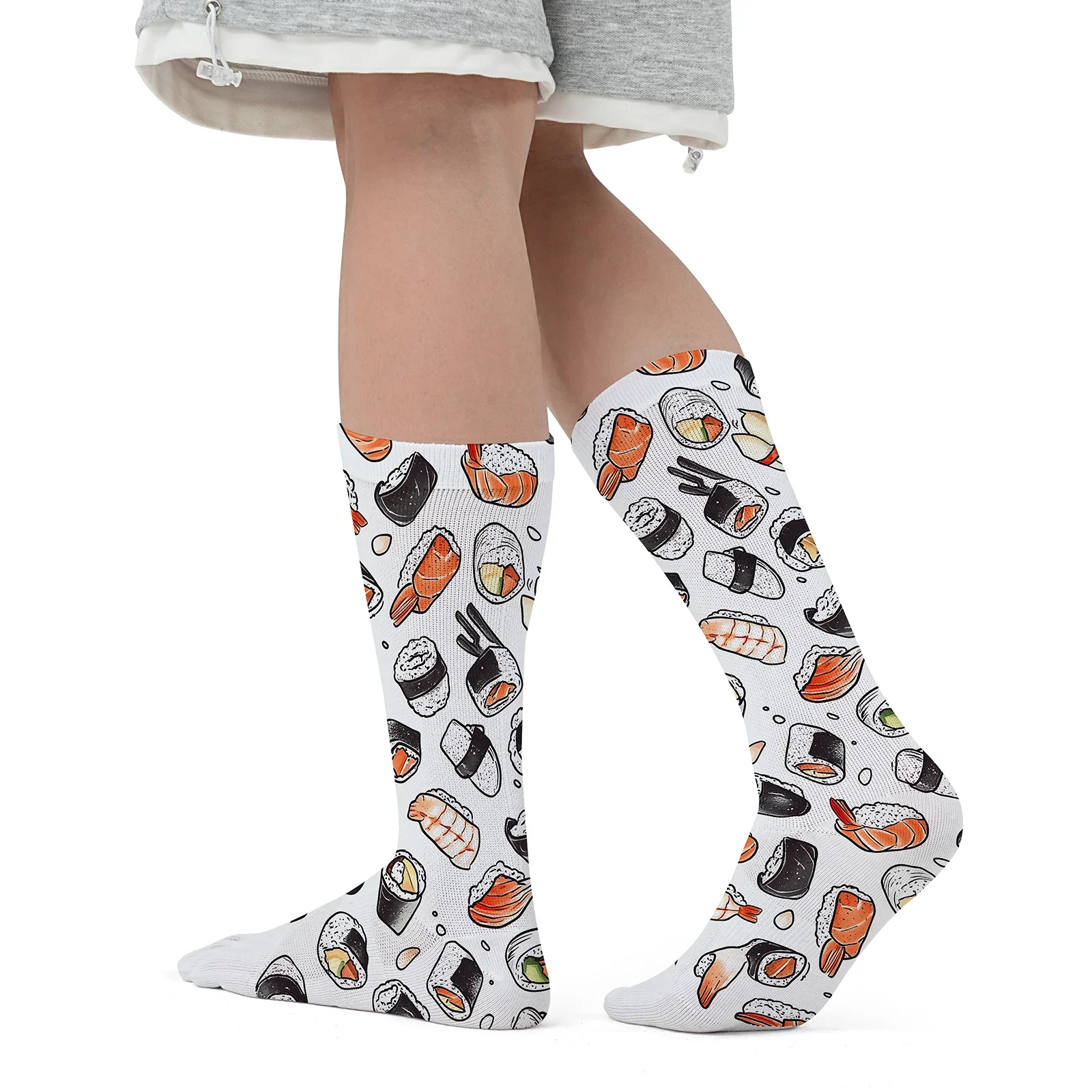 A pair of sashimi Sushi roll print personality mid cylinder sports fashion five-finger socks Elastic invariant party birthday