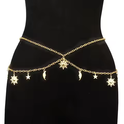 Personality Double-deck Retro Style Sun Moon Stars Tassels Alloy Waist Chain Ladies' Body Chain Jewelry