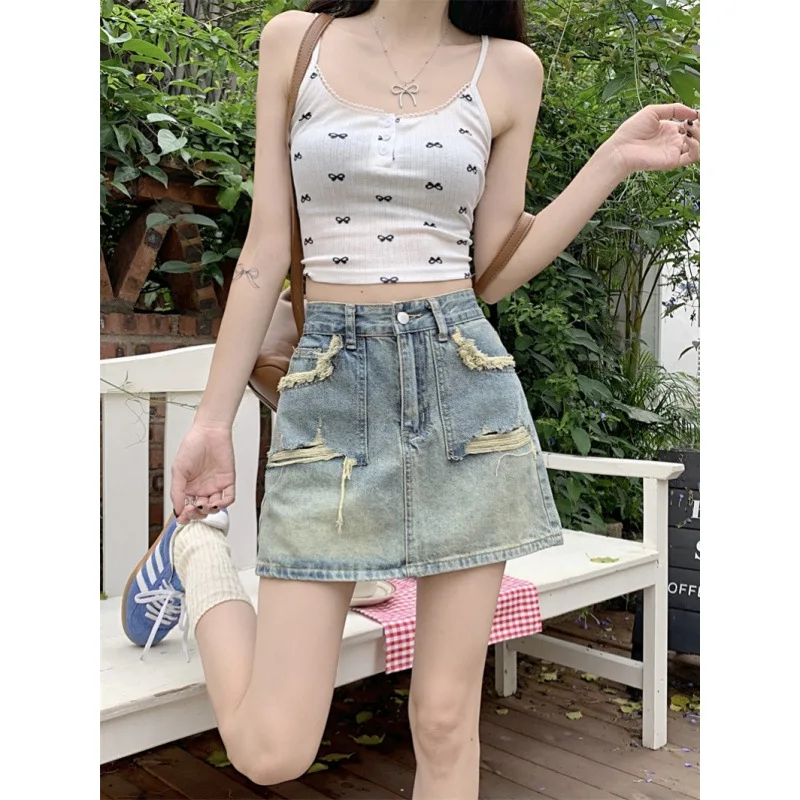 여성 하이웨이스트 찢어진 포켓 A라인 데님 숏 스커트 여름 2025 신상 힙허깅 스커트