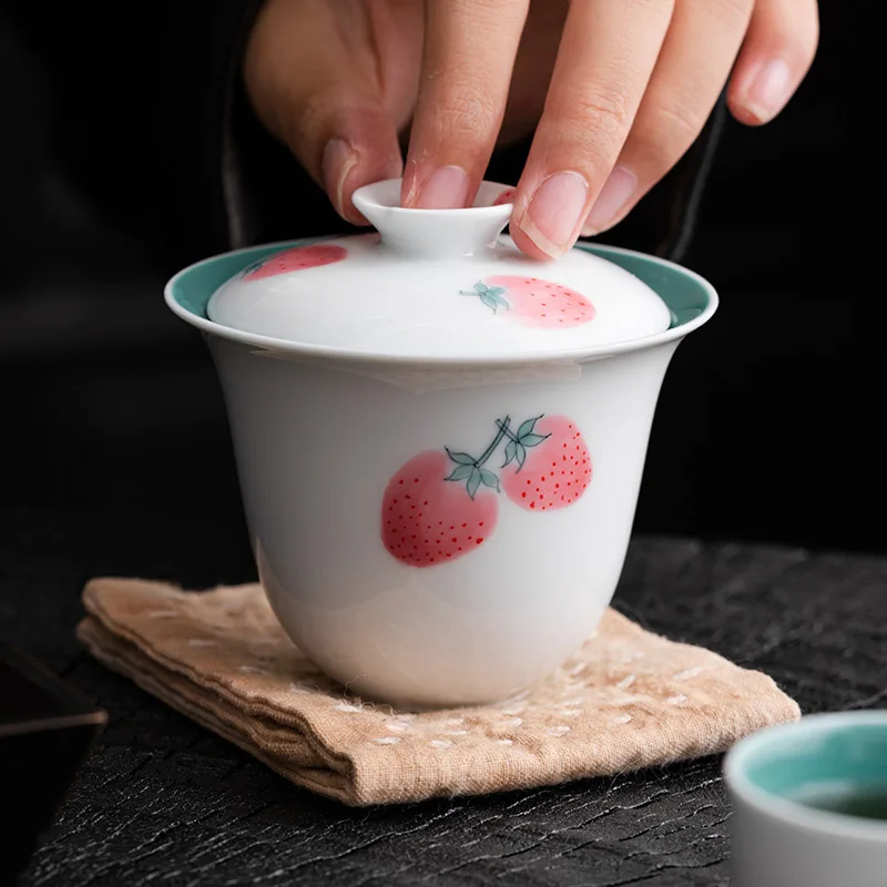 Pure Hand-painted Covered Bowl Flower Cup Two-color Two Ability Bubble Covered Bowl Girl Lovely Tea Bowl Teacup