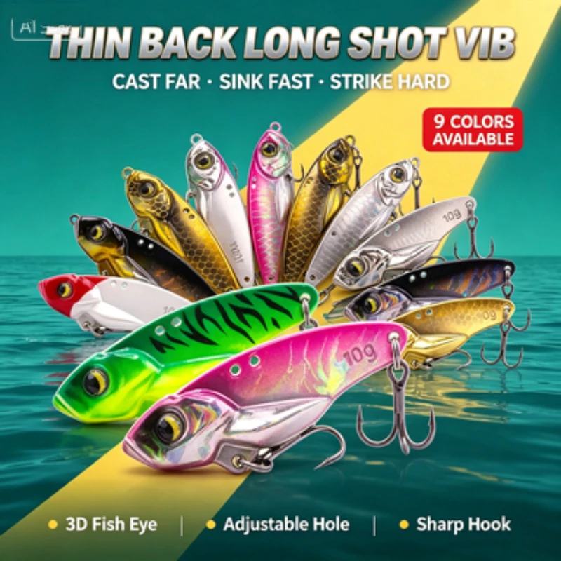 1Pcs Thin Back Long Cast Metal VIB Fishing Lure 5g 7g 10g 15g 3D Fish Eyes Adjustable Hole Sharp Treble Hook for Bass Snakehead