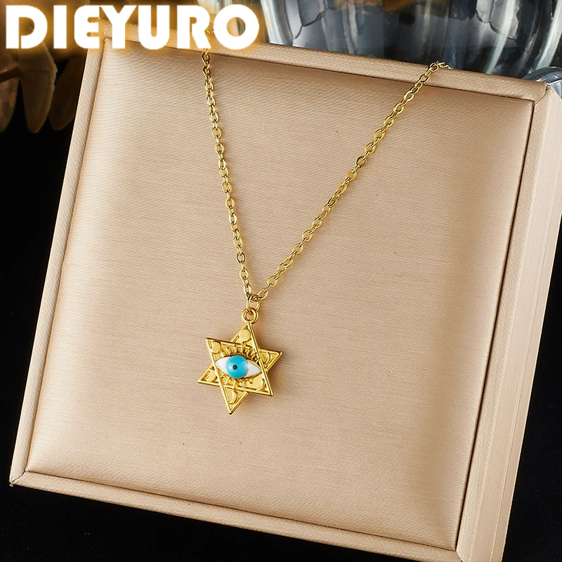 DIEYURO 316L Stainless Steel Golden Star of David Evil Eye Necklace for Women Hexagram Charm Lucky Protection Jewelry Gift