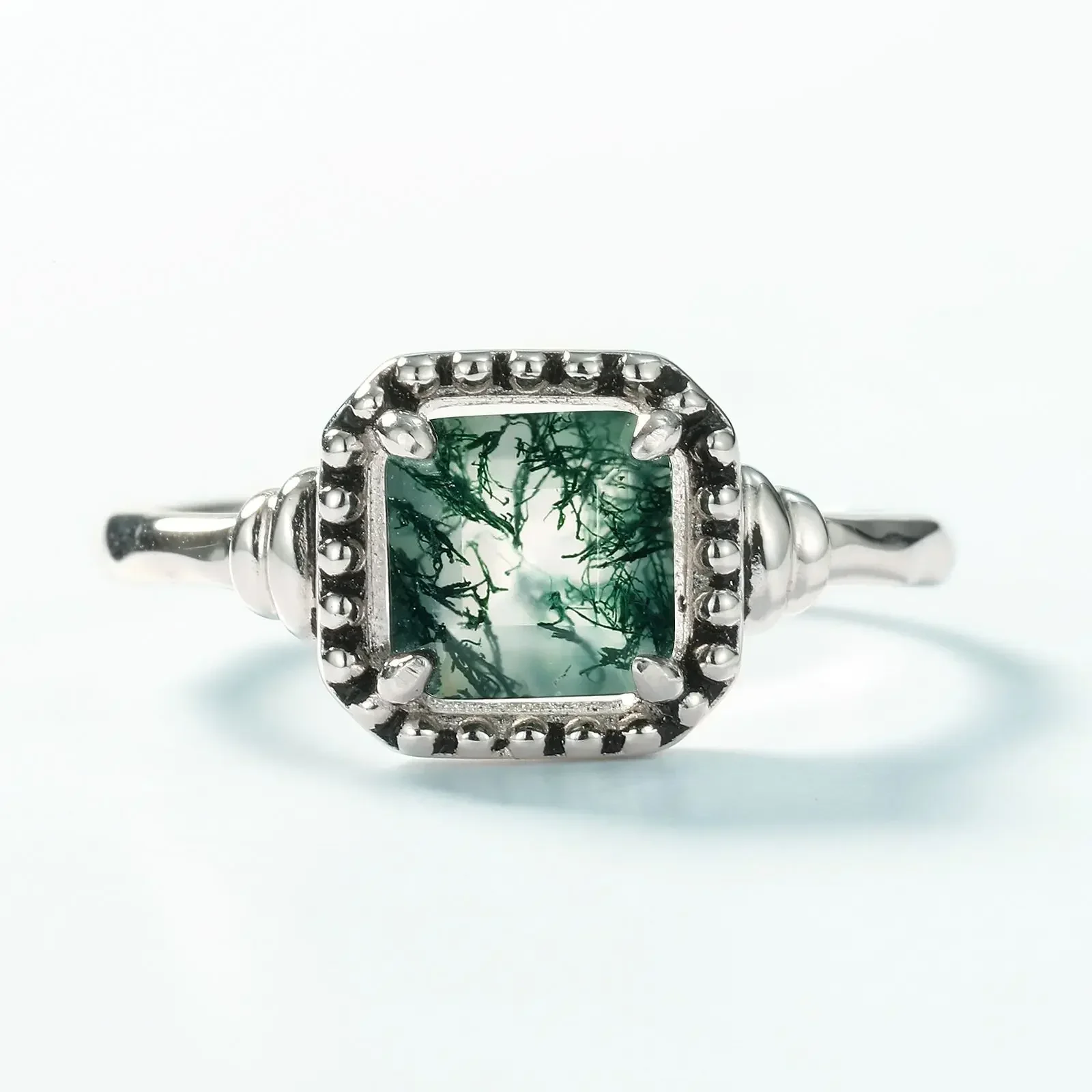 الحجر الطبيعي الأخضر الطحلب الدائري S925 الفضة مطلي 18K الذهب PT950 البلاتين العشب المياه العقيق الدائري