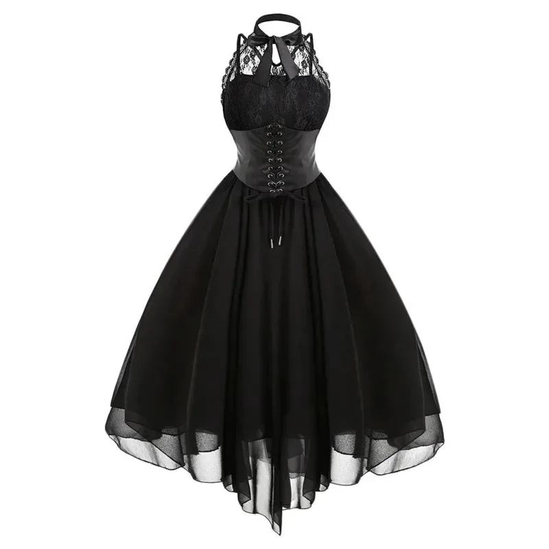 Vestidos de fiesta Vintage Punk gótico negro para mujer, sin mangas, con espalda cruzada, Panel de encaje Retro, vestido con corsé liso de gasa, Ves DUx; 4'