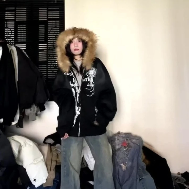 الأمريكية خمر الشرير معطف غير رسمي فو الفراء فضفاض لون نقي شارع العليا سحاب أكمام طويلة الكرتون إلكتروني نمط أبلى الخريف