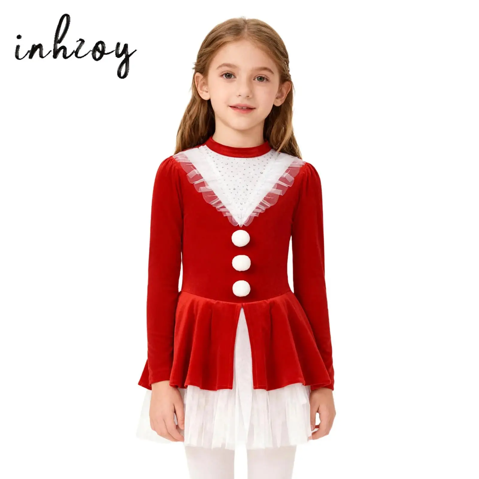 

Kids Girls Christmas Party Dress Mock Neck Rhinestones Long Sleeve Tutu Dress Figure Skating Ballet Dance Performance Costume
