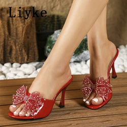 Liyke New Style Non-Slip Bottom Open Toe Thin High Heels Slipper For Woman Street Sexy Crystal Bowknot Sandal Summer Party Shoes