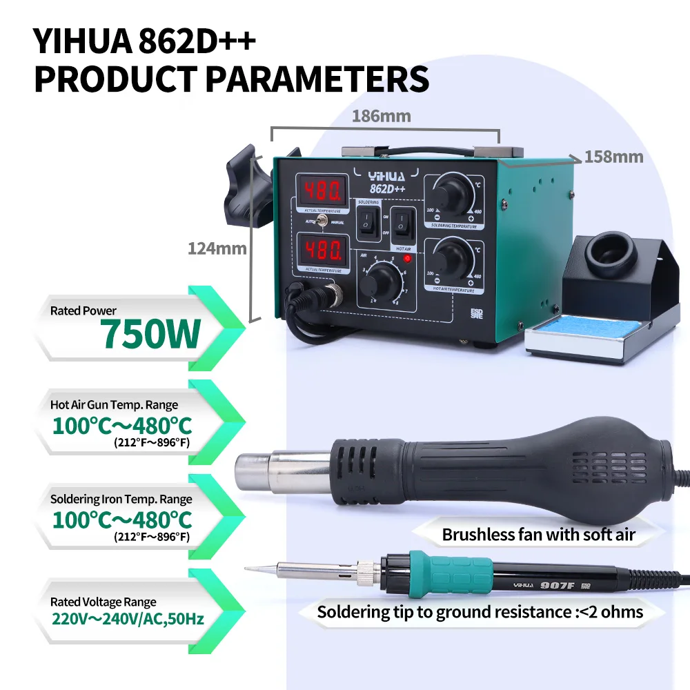 YIHUA 862D++ Soldering Iron Hot Air 2 in 1 Rework Station BGA SMD Phone Repair Welding Tool with Auto Manual Mode