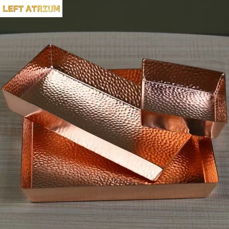 Rectangle Shape Copper Fruit Tray,Retro Engraving Hammer Texture Home Portable Food Plate,Snack Plate Table Wedding Decoration