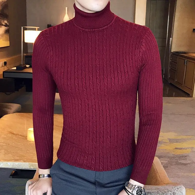 

Men's High Collar Knitted Sweater Pure Color Twist Knit Slim Fit Autumn Winter Base Layer Warmth Ciwalk Cotton Coolmax Fiber