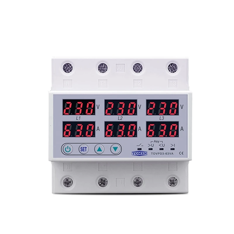 TOMZN Din Rail 3 Phase Voltage Relay 3P+N Voltmeter Ammeter Over And Under Voltage Monitor Relays Protector 63A 230V With N