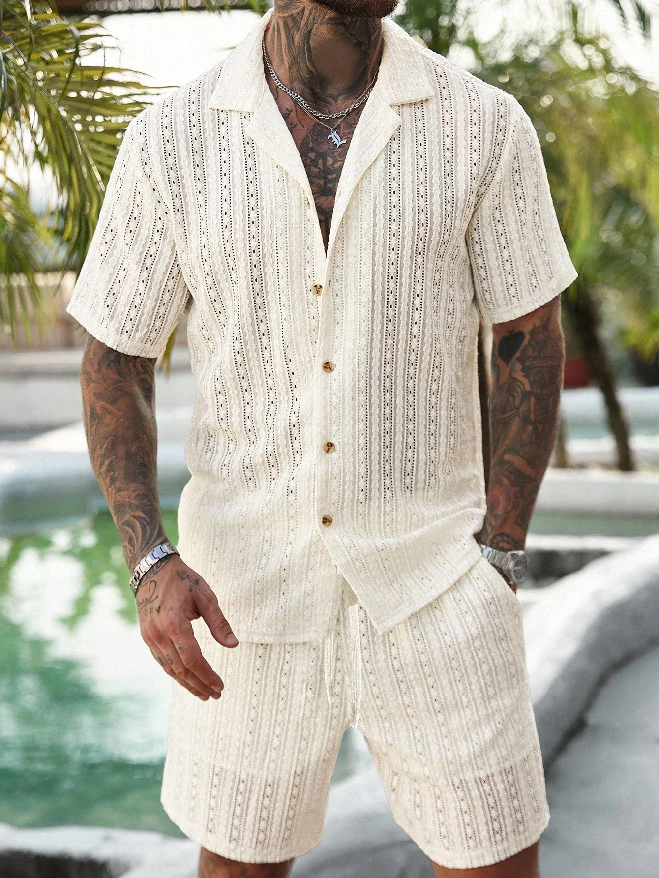 Men's Hollow Out Textured Knit Short Sleeve Shirt And Shorts Set Cream Beach Resort Wear