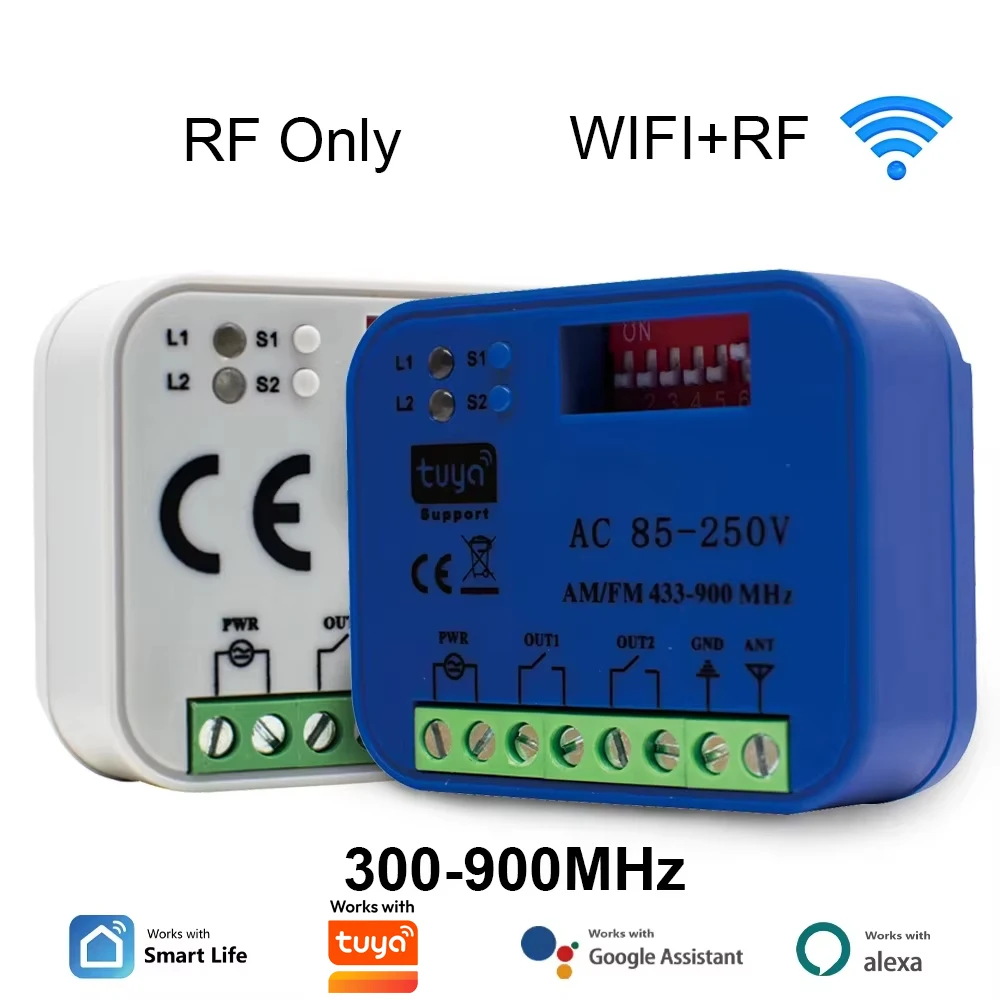 2CH 433-868MHz Garage Gate Door Opener WIFI Remote Control Receiver Controller Smart On Off Switch Works with Tuya Smartlife App