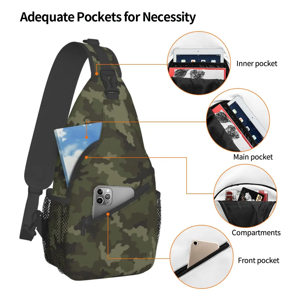 Camuflagem verde Crossbody Sling Bag Pequeno Peito Bag Camo Exército Ombro Mochila Mochila para Caminhadas Viagem Ciclismo Bag