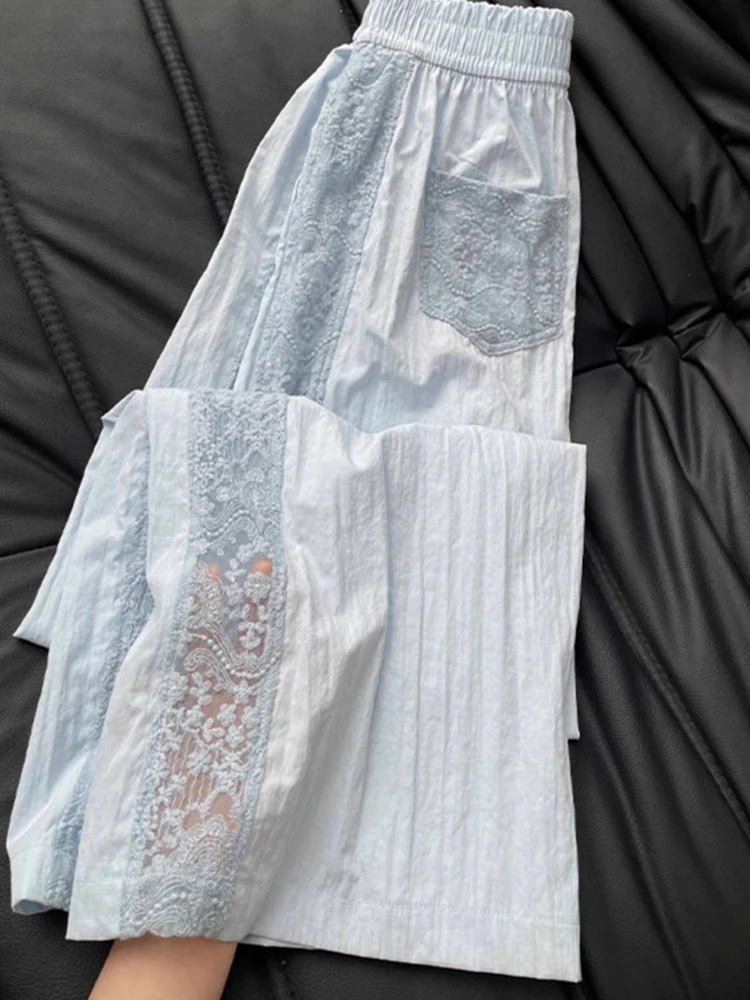 

Blue Lace Patchwork Hollowed Out Streetwear Wide Leg Pantalones Women Summer High Waist Loose Slimming Sports Casual Sweatpants