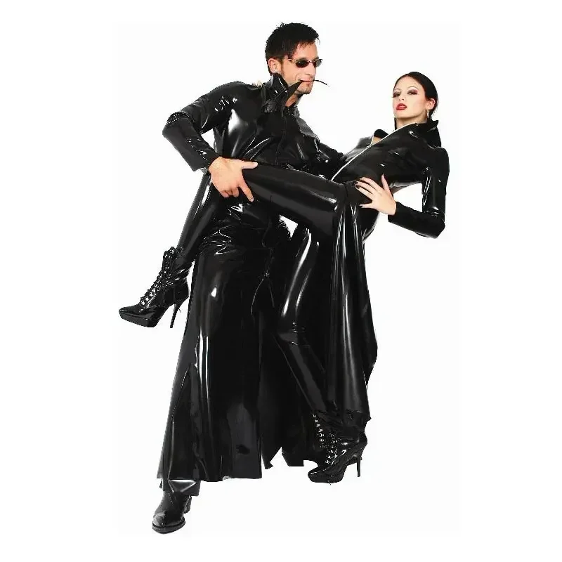 Unisex Black Long Glossy Leather Coat PVC Latex Trench Jacket Costume for Men Women Movie The Matrix Neo Cosplay