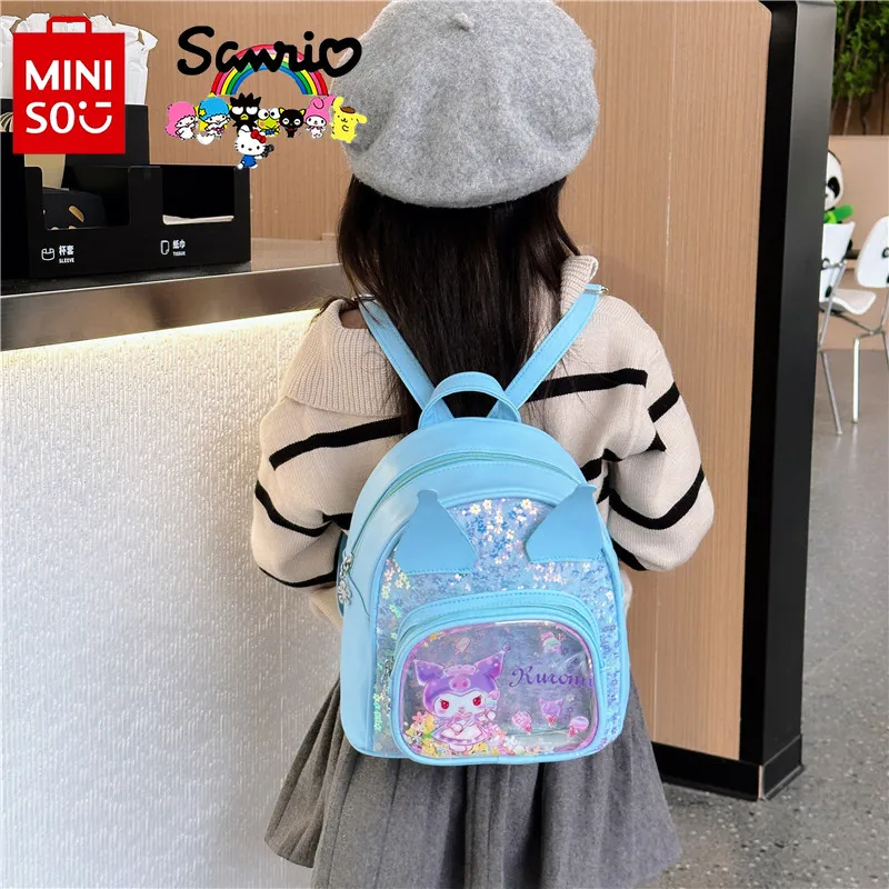 Miniso Kuromi Mochila Lantejoula Feminina Saco de Livro Infantil, Armazenamento Multi Funcional, Elegante, Desenhos Animados de Alta Qualidade